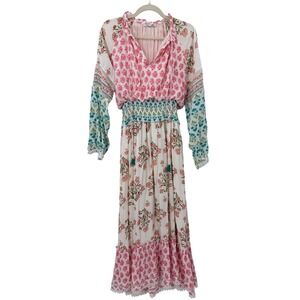 Dex Floral Block Print Boho Maxi Dress Smocked Waist Pink Teal Small